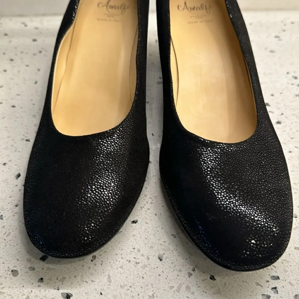 Amalfi by Rangoni Firenzie Black Leather Block Heel Pumps Made in Italy Size 12M